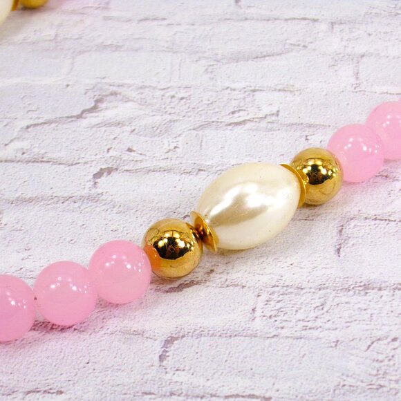 Pink glass and white pearl bead necklace mixed with gold beads 20" - Picture 4 of 12